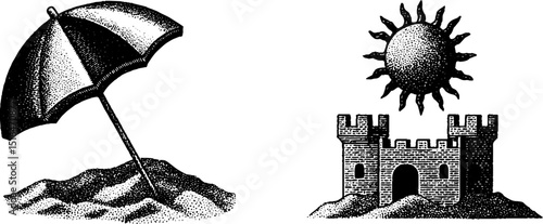 Vintage engraved summer illustration set with sun, beach umbrella, and sand castle