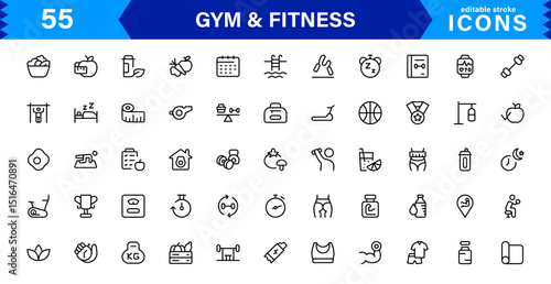 Modern Gym and Fitness Icons Showcasing Dumbbells, Muscles, Routines, Bodybuilding, and Active Lifestyle in an SEO-Optimized Vector Format