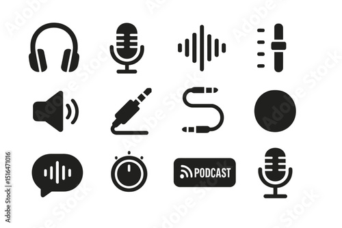 Podcast and audio equipment icons on dark background