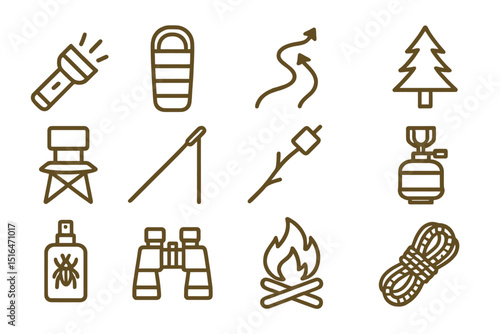 Camping essentials icons: flashlight, sleeping bag, hiking, campfire, binoculars, compass, tree