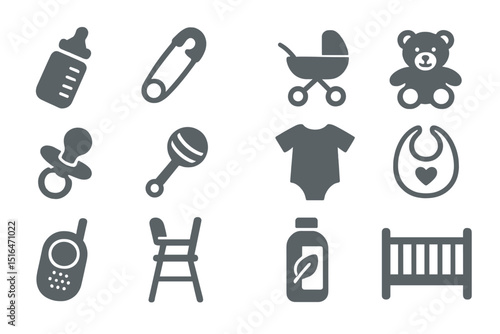 Gray baby icons on striped background featuring toys and accessories