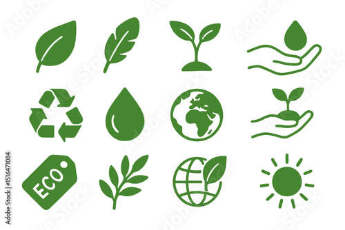 Green eco icons: sustainability, nature, recycling, renewable energy, conservation symbols