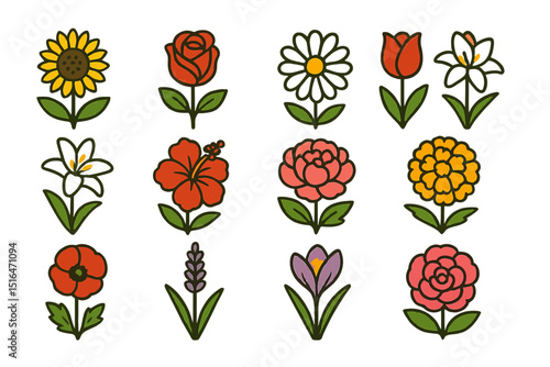 Colorful cartoon flowers collection on gradient background