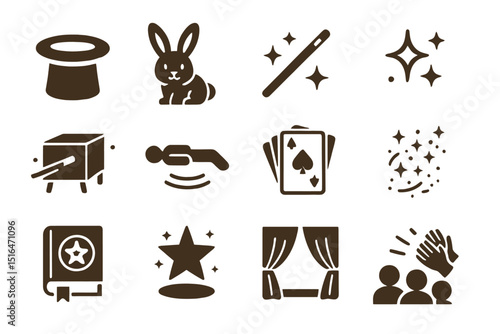 Set of magic icons featuring hat, rabbit, cards, and wand on gold background
