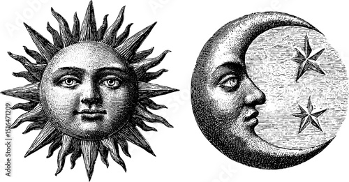 Vintage celestial engravings of sun and moon with stars for artistic design