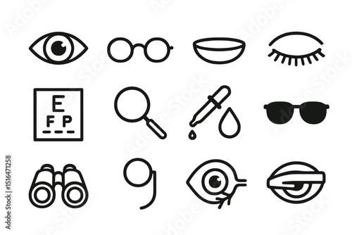 Optometry symbols: eye tests, glasses, eyedropper, magnifying glass icons