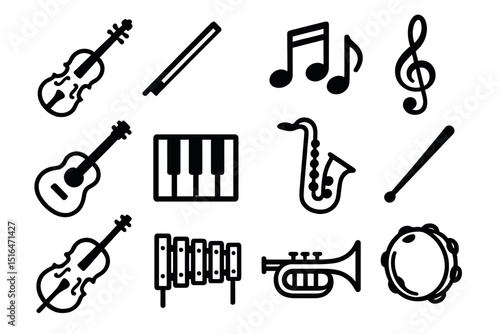 Musical instrument icons: violin, guitar, piano, saxophone, trumpet, notes