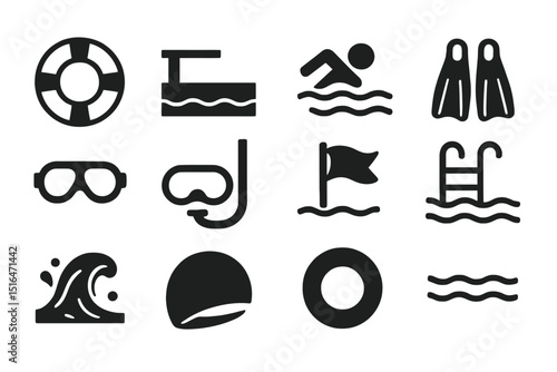 Set of aquatic icons featuring swim gear and pool safety items