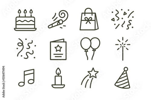 Festive icon set: birthday cake, party hat, balloons, and more