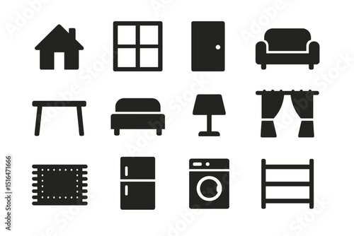 Silhouette icons of household furniture and appliances on beige background