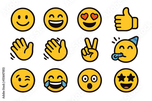 Colorful cartoon emojis with expressions on yellow background