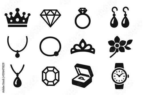 Elegant jewelry icons featuring crowns rings earrings and necklace designs