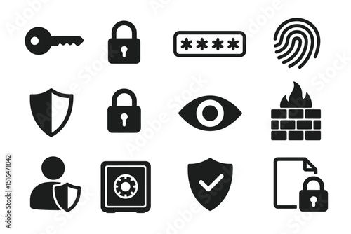 Security icon set: lock, key, shield, fingerprint, firewall, safe, password, eye
