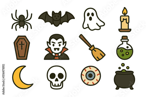 Halloween icon set with bat, ghost, vampire, and cauldron on yellow background