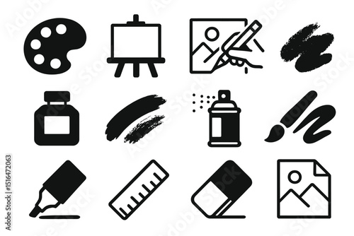 Art tools icons: palette, easel, canvas, pencil, brushes, ink, spray, marker, ruler, eraser