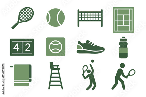 Green tennis icon set featuring equipment and court elements