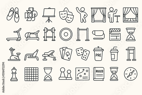 Simple outline icons of fitness, entertainment, drinks, and games