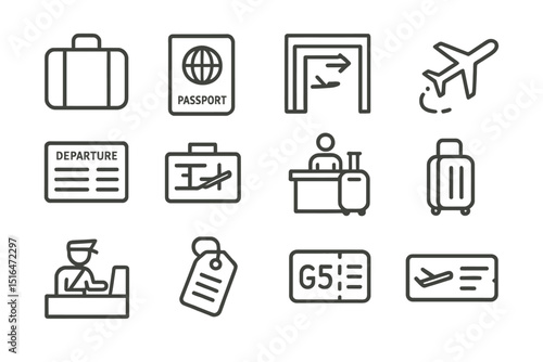 Airport travel icons: passport, plane, luggage, boarding, departure