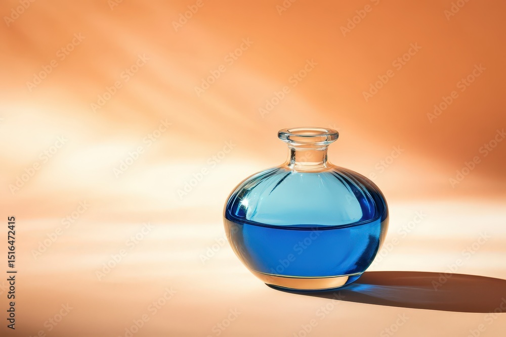 A glass bottle filled with a vibrant blue liquid, positioned on a peach background. A glass bottle filled with a vibrant blue liquid, positioned on a peach background.