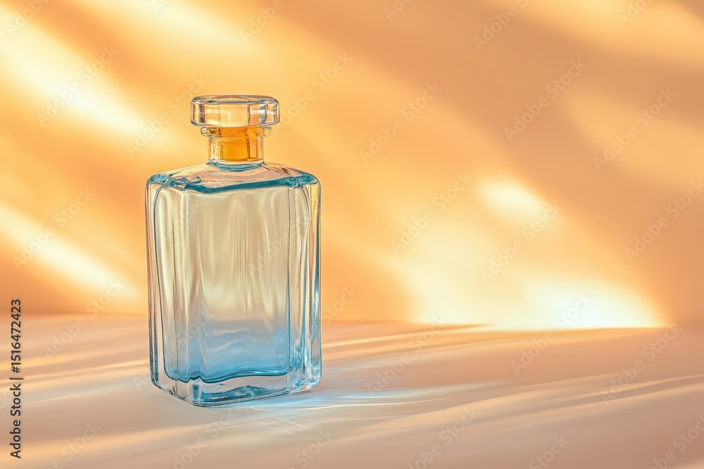 Rectangular glass bottle with a golden cap on a light beige background. Rectangular glass bottle with a golden cap on a light beige background.