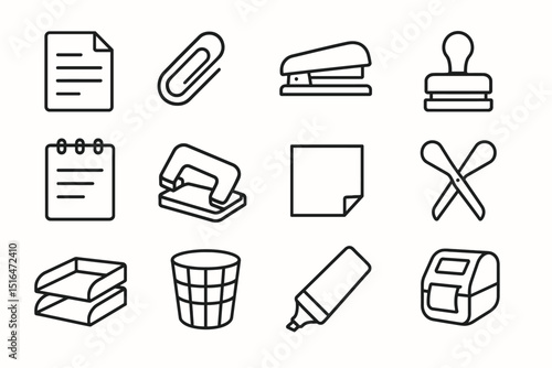 Icon set of office supplies: paper, stapler, scissors, clips, and more