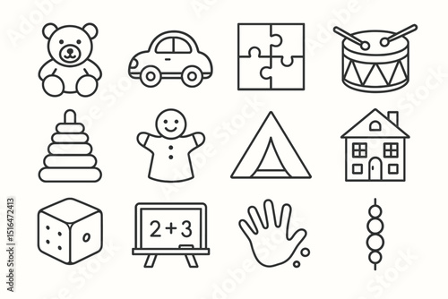 Collection of children's toys and activities: teddy bear, car, puzzle, drum, and more