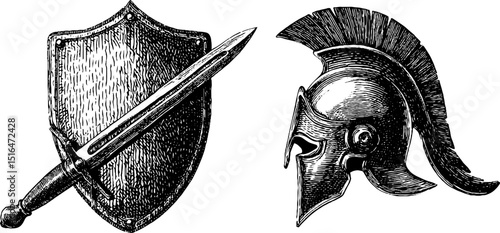 Engraved medieval sword shield and helmet illustration for historical design
