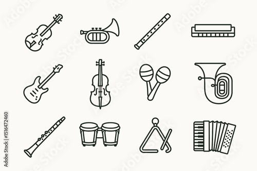 Collection of musical instrument line icons including violin, trumpet, and guitar