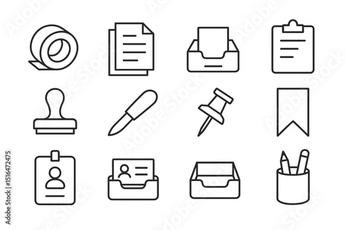 Set of office supply icons featuring stationery essentials and organizers