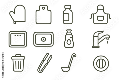 Kitchen icons: oven mitt, cutting board, bottle, apron, soap, faucet, trash bin, tools