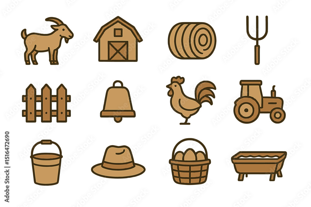 Rustic farm life icons featuring goat, barn, and tractor on wooden background Rustic farm life icons featuring goat, barn, and tractor on wooden background