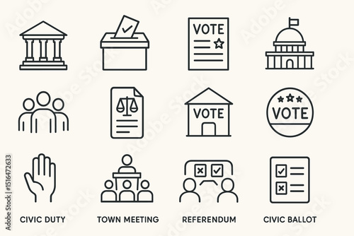 Icons depicting civic duty, voting, and government symbols for elections and referendum