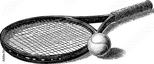 Vintage tennis design featuring engraved racket and ball for sports art prints
