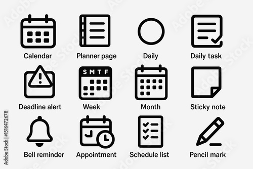 Calendar and task management icons featuring alarms and schedules