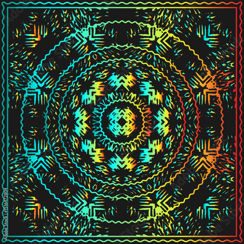 Multicolored bandana with gradient circular pattern on black background. Design for tablecloth, neckerchief, blanket or other. Vector illustration