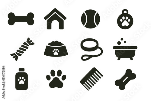 Silhouette icons of dog supplies and accessories in yellow background