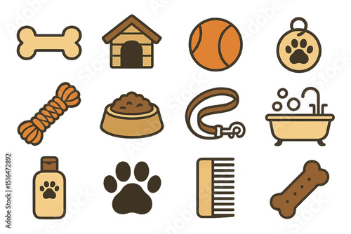 Collection of dog icons: bone, kennel, ball, paw print, bath, leash