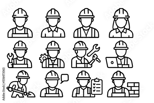 Line art of construction workers with tools and equipment icons