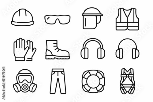 Safety equipment icons: helmets, goggles, gloves, boots, headphones, vest, harness