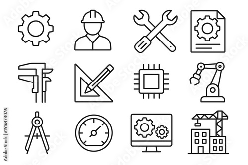 Engineering icons: tools, construction, automation, and design symbols