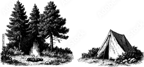Engraved illustration of camping scene with tent and campfire in forest setting
