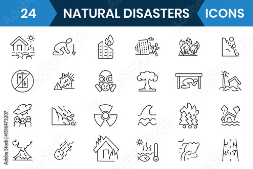 Natural disaster icon, vector set. Natural pollution, earthquake, volcano, tsunami, desert, drought, disaster, flood, tsunami editable stroke icons. Vector illustration.