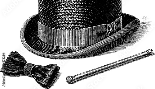 Vintage gentleman accessories: engraved illustration of top hat, bow tie, and cane