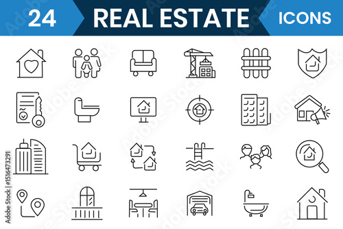 Real estate icon vector collection. Line icon of Real estate, property, buying, renting, house, apartment, sale, rent, mortgage, home vector. Vector illustration.