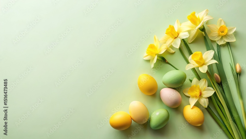 Fototapeta premium Pastel Eggs and Spring Daffodils on a Light Green Background, Perfect for Festive Celebrations and Springtime Greetings