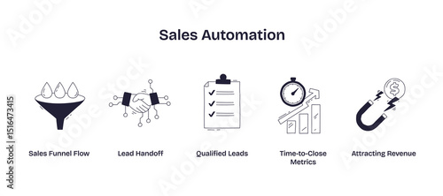 Sales automation is illustrated with a funnel, handshake, and checklist, symbolizing lead flow, handoff, and qualification. Doodle style icons