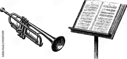 Engraved illustration of trumpet and music sheet for artistic design