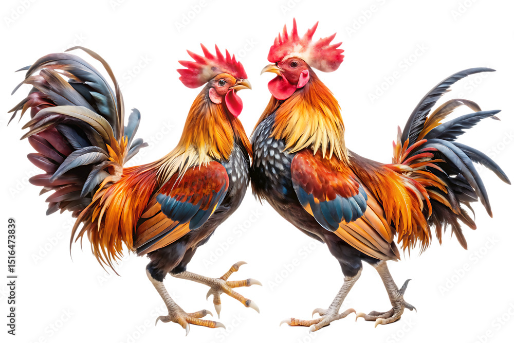 Fototapeta premium two rooster fighting in a cockfight isolated on white background, PNG