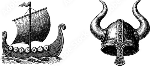 Engraved illustration of viking ship and battle helmet for historical design