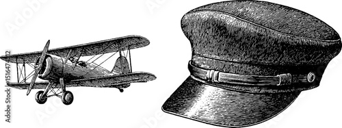 Vintage airplane and pilot hat engraved illustration set for historical design projects